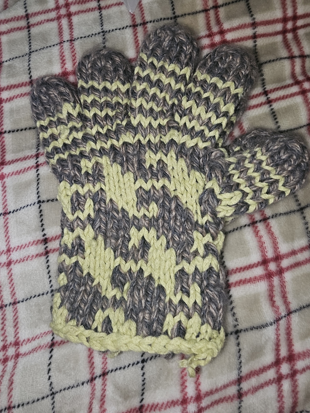 Hand-Knit Two-Tone Yellow and Gray Mittens